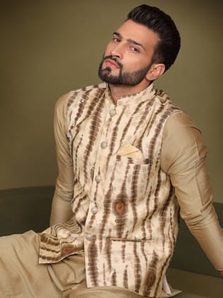 Men Cream Kurta Jacket Set