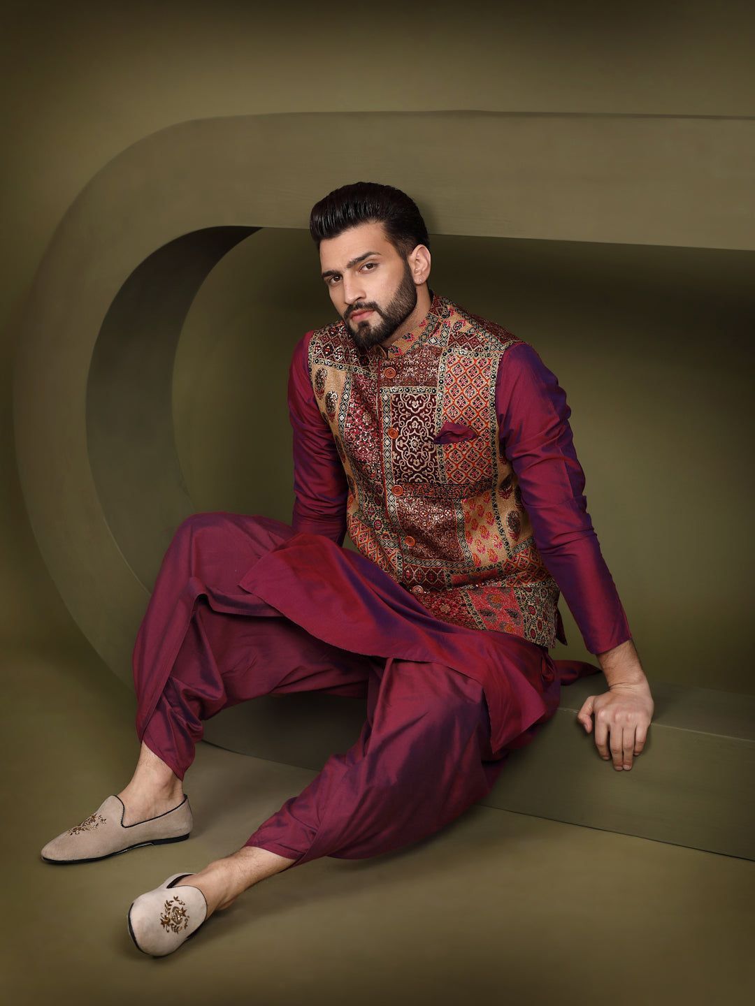 Men Maroon Printed Kurta Jacket Dhoti Set