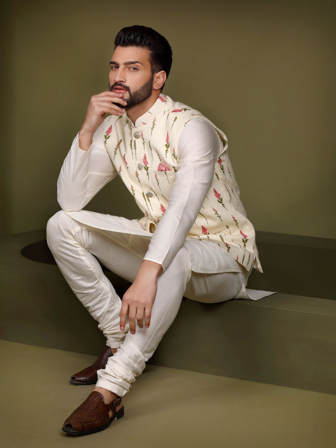 Men White Kurta Jacket Set