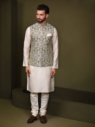 Men Olive Green Embroidered Kurta Jacket Churidar Set