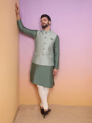 Men Green Kurta Jacket Set