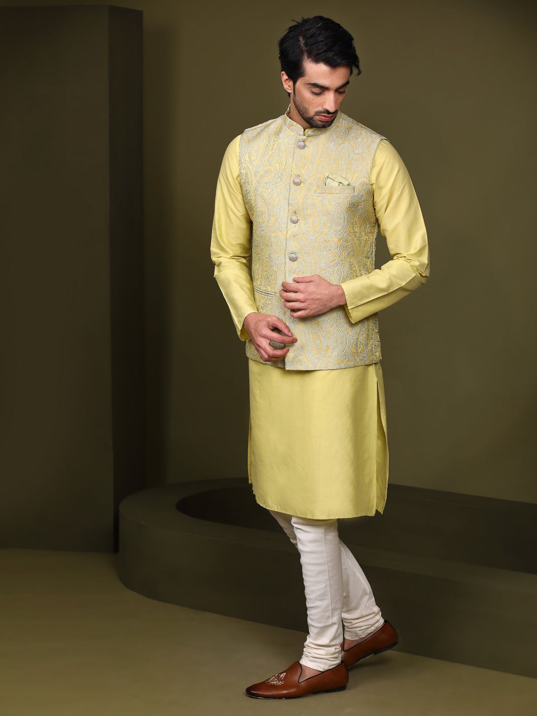 Men Lime Green Kurta Jacket Set