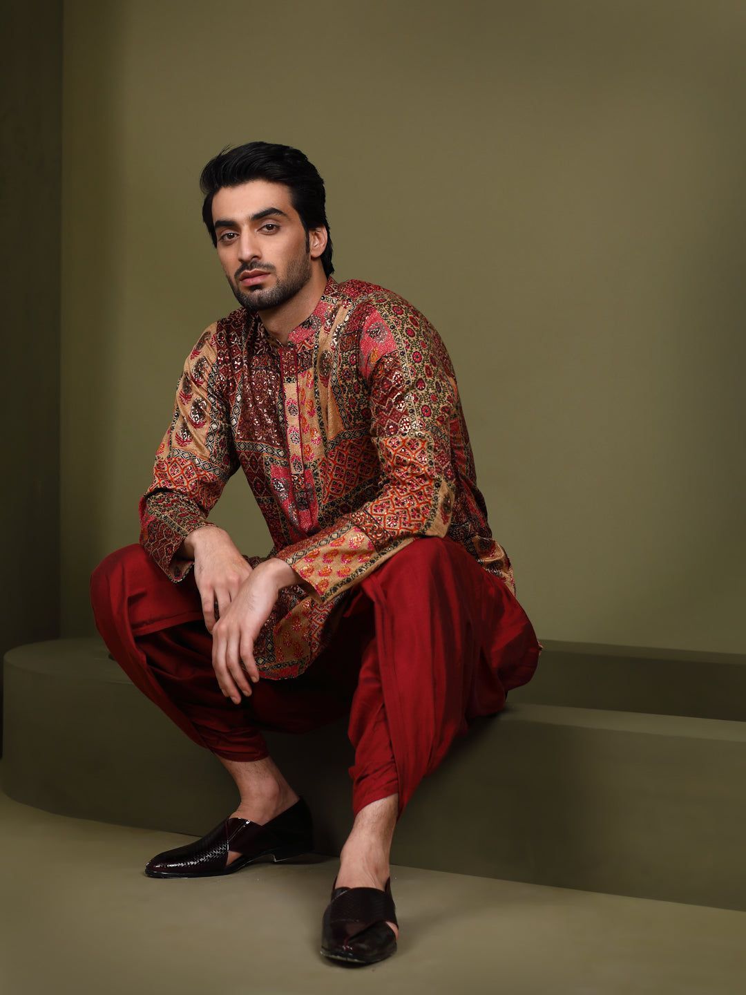 Men Maroon Printed Kurta (Set of 1)