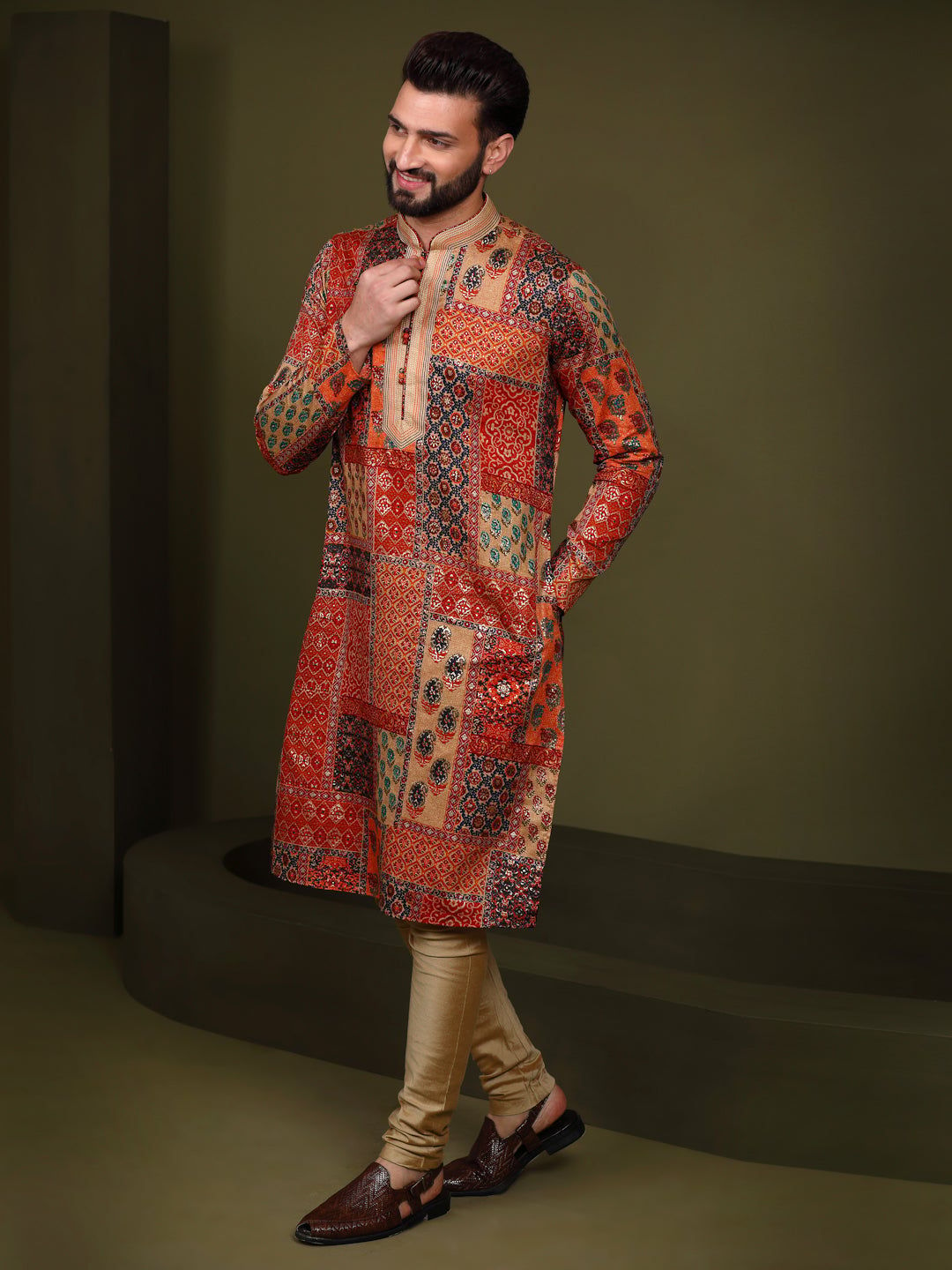 Men Red Multi Coloured Printed Kurta (Set of 1)