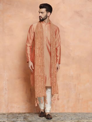 Men Coral Kurta Set With Dupatta