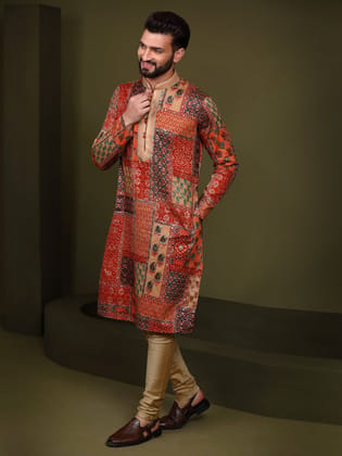 Men Red Multi Coloured Printed Kurta Churidar Set