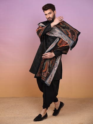 Men Black Embossed Indowestern Dhoti with Dupatta Set