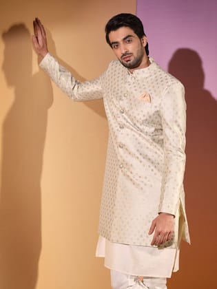 Men Cream Textured Kurta Indowestern Churidar Set