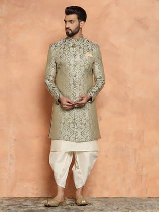 Men Olive Green Embroidered Kurta Indowestern Dhoti Set