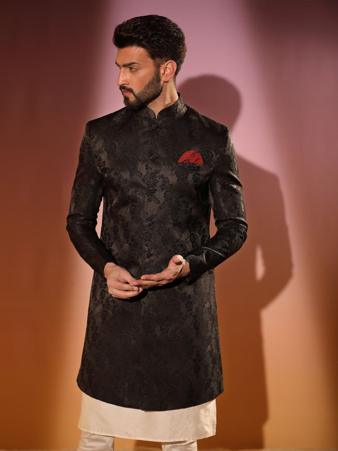 Men's Black Indowestern Set With Kurta and Churidar