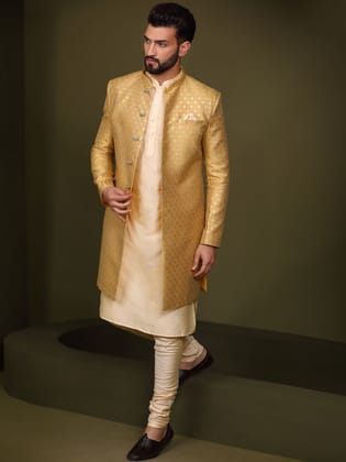 Men's Mustard Indowestern Set With Kurta and Churidar