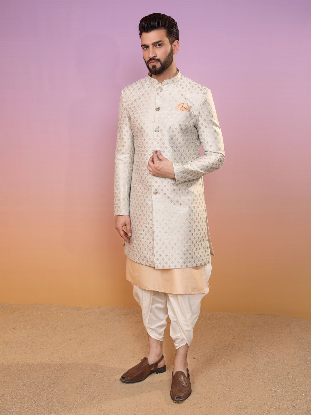 Men's Blue Indowestern Set With Kurta and Dhoti