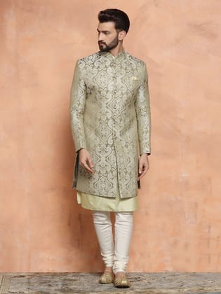 Men Olive Green Embroidered Kurta Indowestern Churidar Set