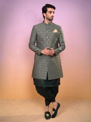 Men Olive Green Textured Kurta Indowestern Dhoti Set