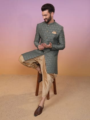 Men Olive Green Textured Indowestern Dhoti Set