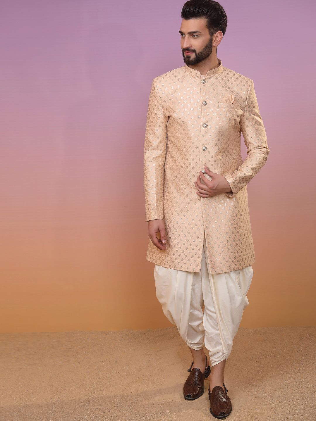 Men's Peach Indowestern Set With Dhoti