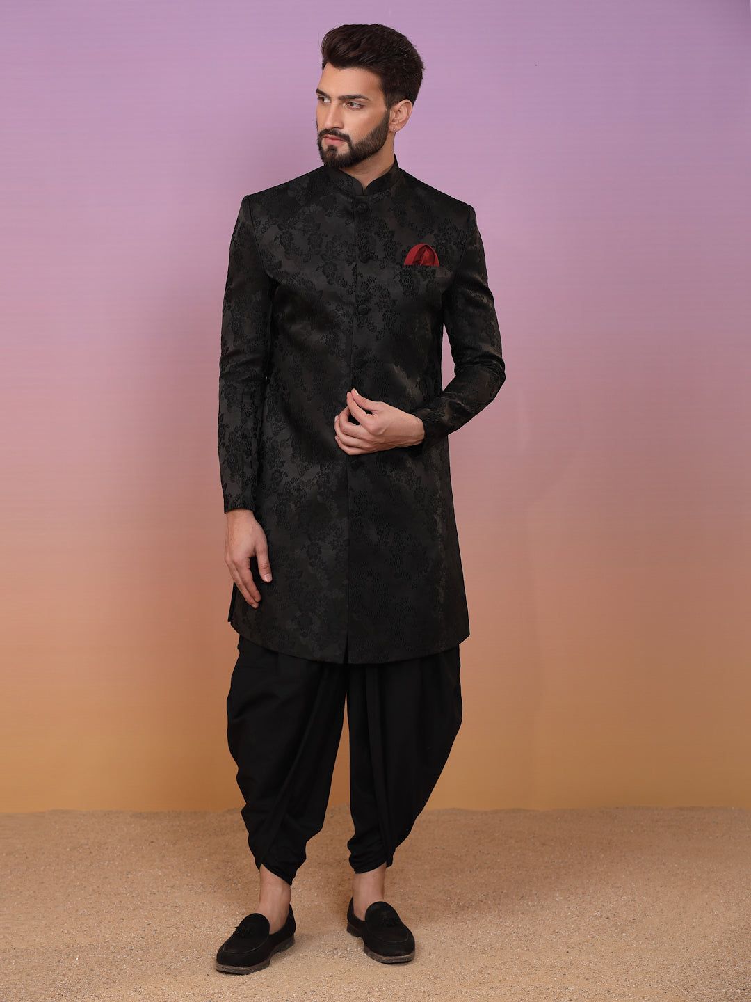 Men's Black Indowestern Set With Dhoti