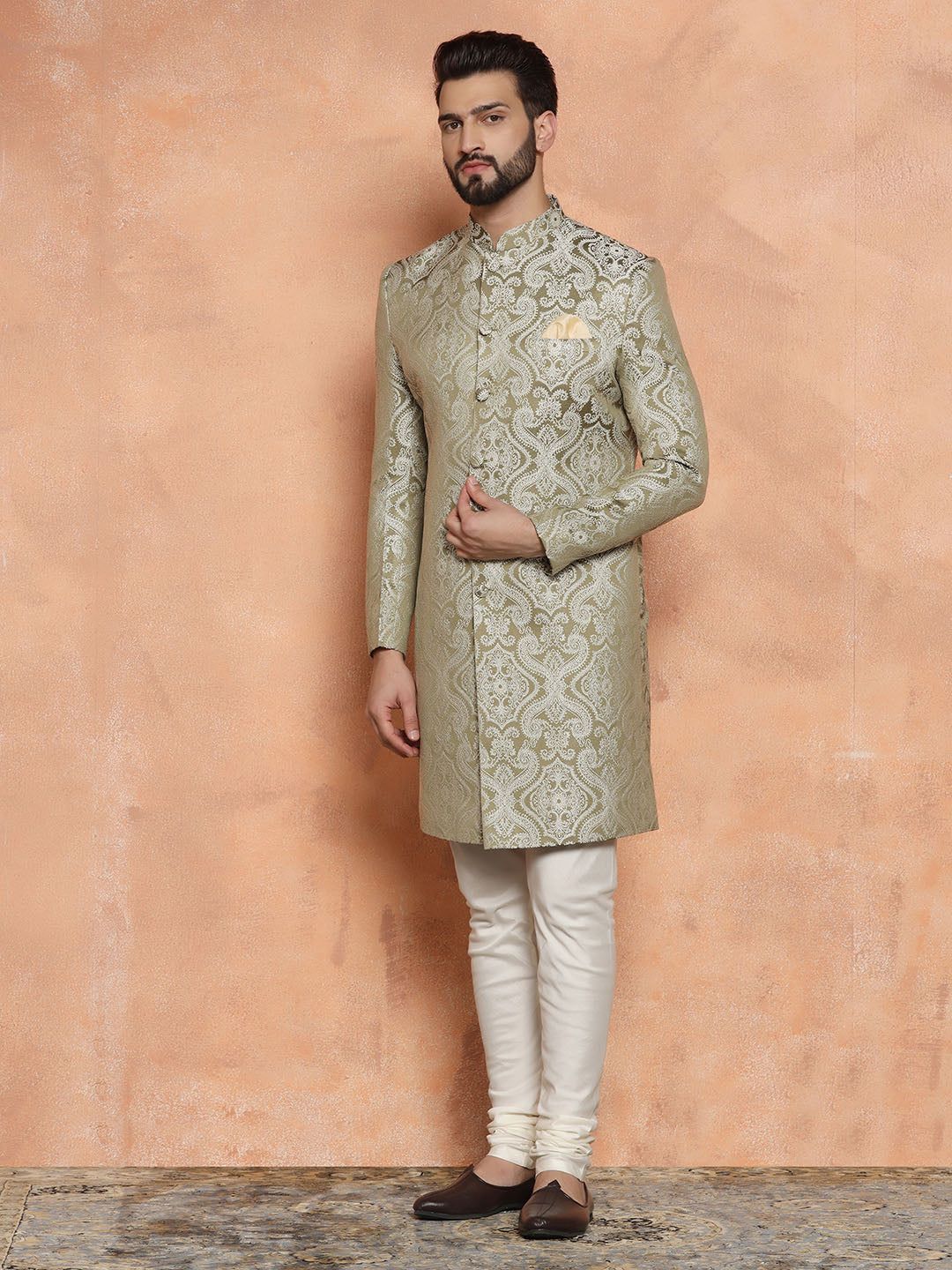 Men Olive Green Embroidered Indowestern Churidar Set