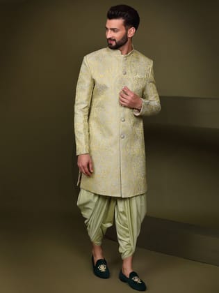 Men's Lime Indowestern Set With Dhoti