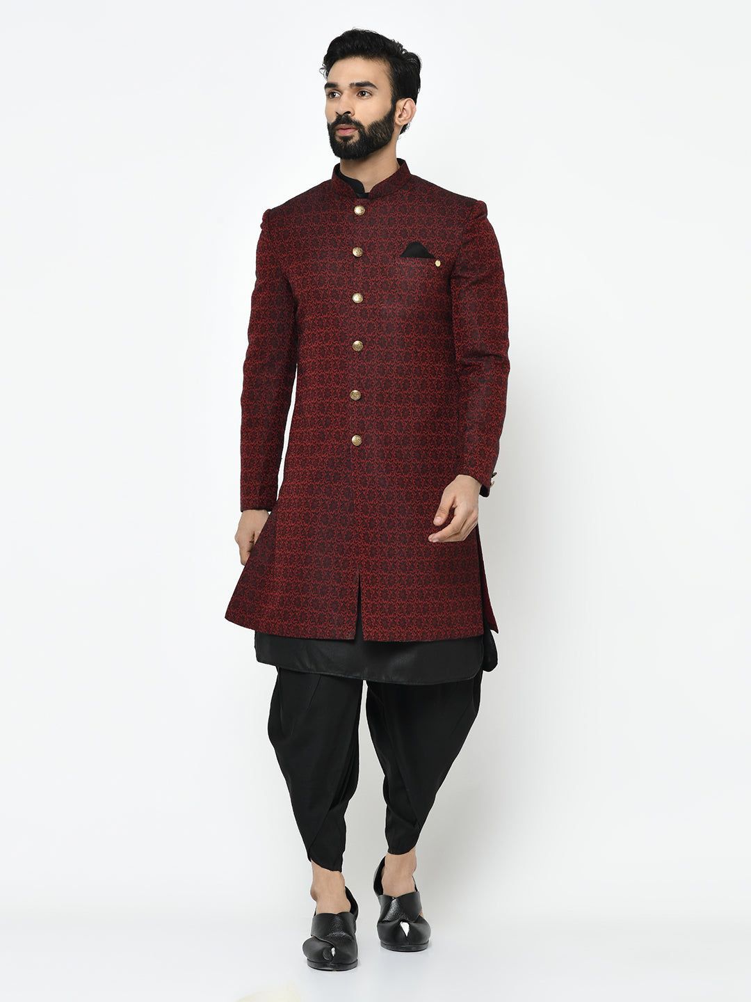 Men Maroon Textured Kurta Indowestern Dhoti Set