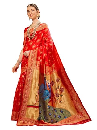  Red Banarasi Silk Saree With Peacock Motif And Zari Border