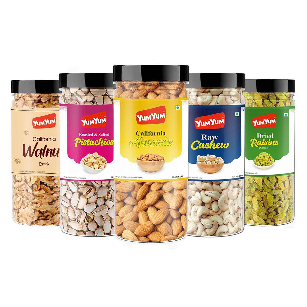 YUM YUM Dry fruits combo pack of 5 Healthy Badam, Kaju, Pista, Kishmish, Akhrot 1.25 KG- Almonds, Cashews, Pistachios, Raisins, Walnuts