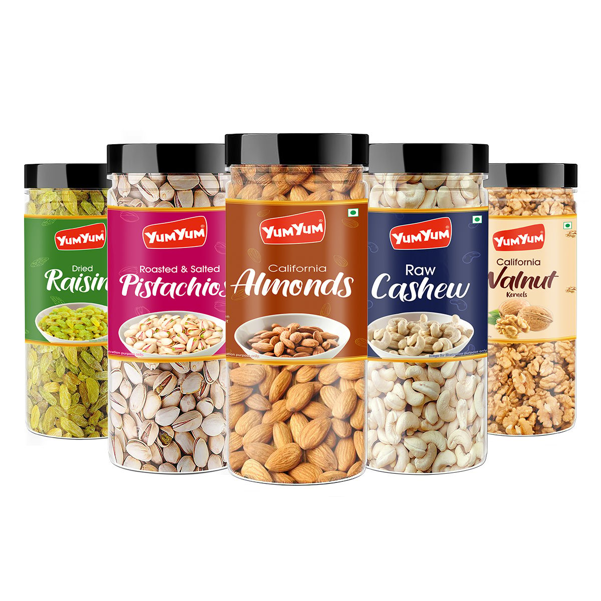 YUM YUM Dry fruits combo pack of 5 Healthy Badam, Kaju, Pista, Kishmish & Akhrot 750g - Almonds, Cashews, Pistachios, Raisins, Walnuts | Gift Pack