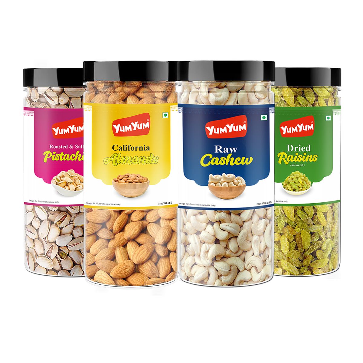 YUM YUM Dry Fruits Combo Pack Of 1Kg (Almonds 250g, Cashews 250g, Pistachios 250g & Kishmish Raisins 250g) Jar Each