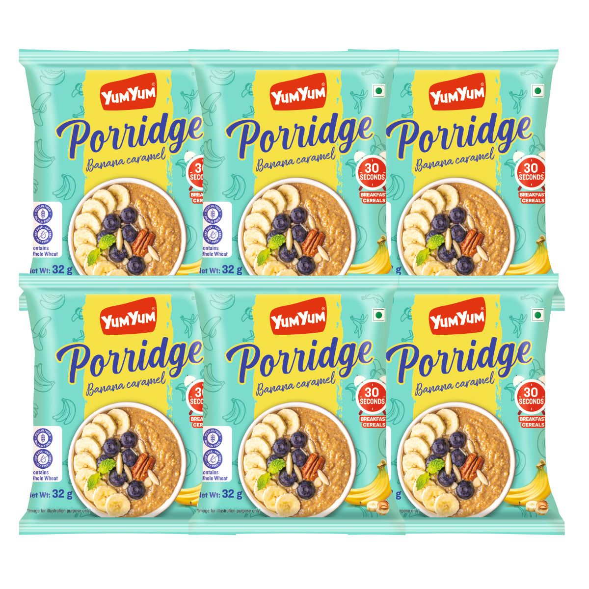 YUM YUM Instant Banana Caramel Porridge Rich In Fiber / Free From Fat 192g Sachets - Pouch (32x6 192gm)