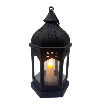 Decorative Lantern with a Moroccan Design and a Flickering LED Candle