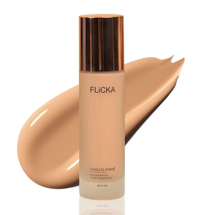 FLiCKA Flawless Femme Liquid Foundation for Face Makeup 30ml | Medium to High Coverage, Buildable | Natural, Waterproof & Moisturizing | All Skin Types | 04 Sand