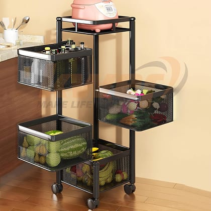 Metal Kitchen Trolley Square Onion Baskets for Storage,Kitchen Accessories Items&Vegetable Basket for Kitchen Organizer Items&Storage Portable Kitchen Accessories with Wheels(Black,Layer-3)