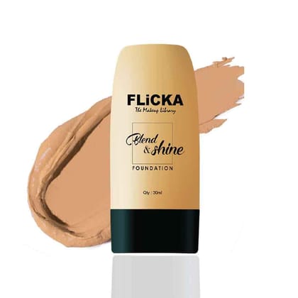 FLiCKA Blend & Shine Liquid Foundation for Face Makeup 30ml | Medium to High Coverage | Vitamin E, Avocado Oil & SPF | Moisturizing, Lightweight, Waterproof | All Skin Types | 03 Caramel