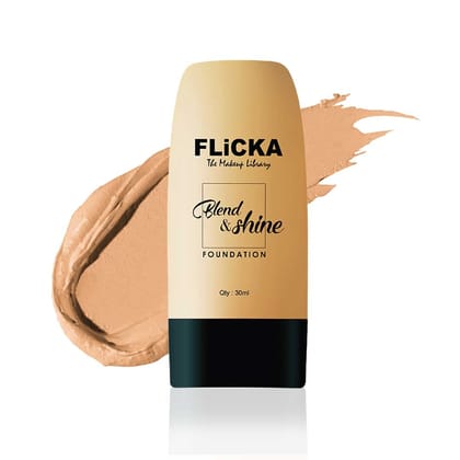 FLiCKA Blend & Shine Liquid Foundation for Face Makeup 30ml | Medium to High Coverage | Vitamin E, Avocado Oil & SPF | Moisturizing, Lightweight, Waterproof | All Skin Types | 04 Walnut