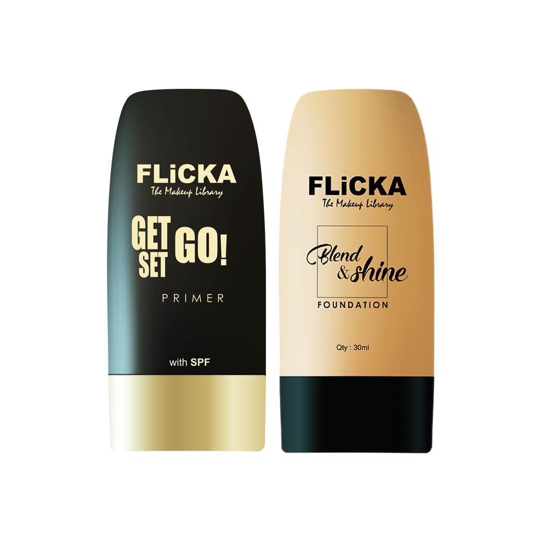 FLiCKA Get Set Go Primer + Blend & Shine Foundation For Face Makeup 30ml | Hydrating, Moisturing, Lightweight, Long-Lasting & Non-sticky | Argan, Avacado Oil, Vitamin E, & SPF (Caramel)