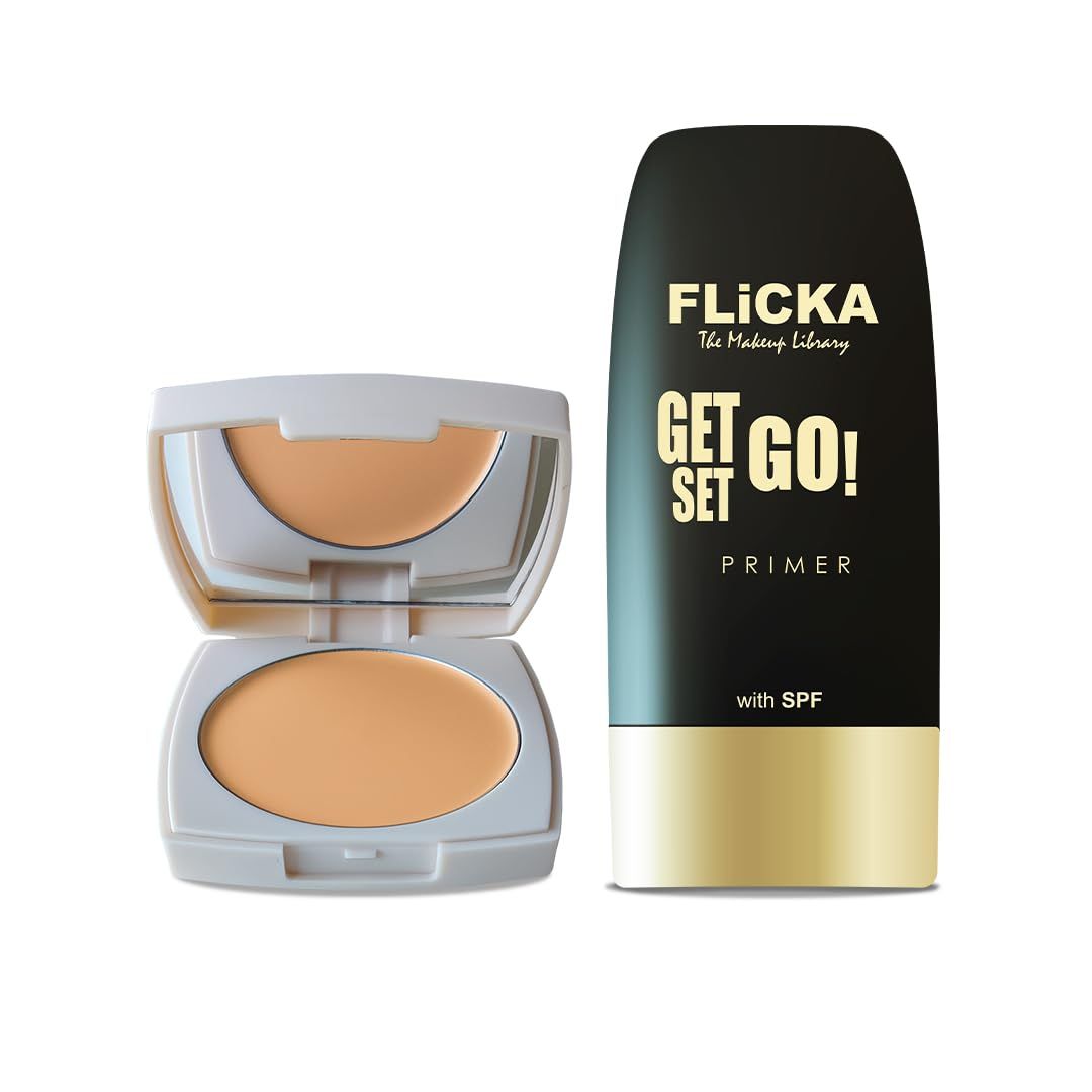 FLiCKA Primer 30ml & The Base Story 8.5g Creamy Foundation For Face Makeup Combo | 03 Caramel