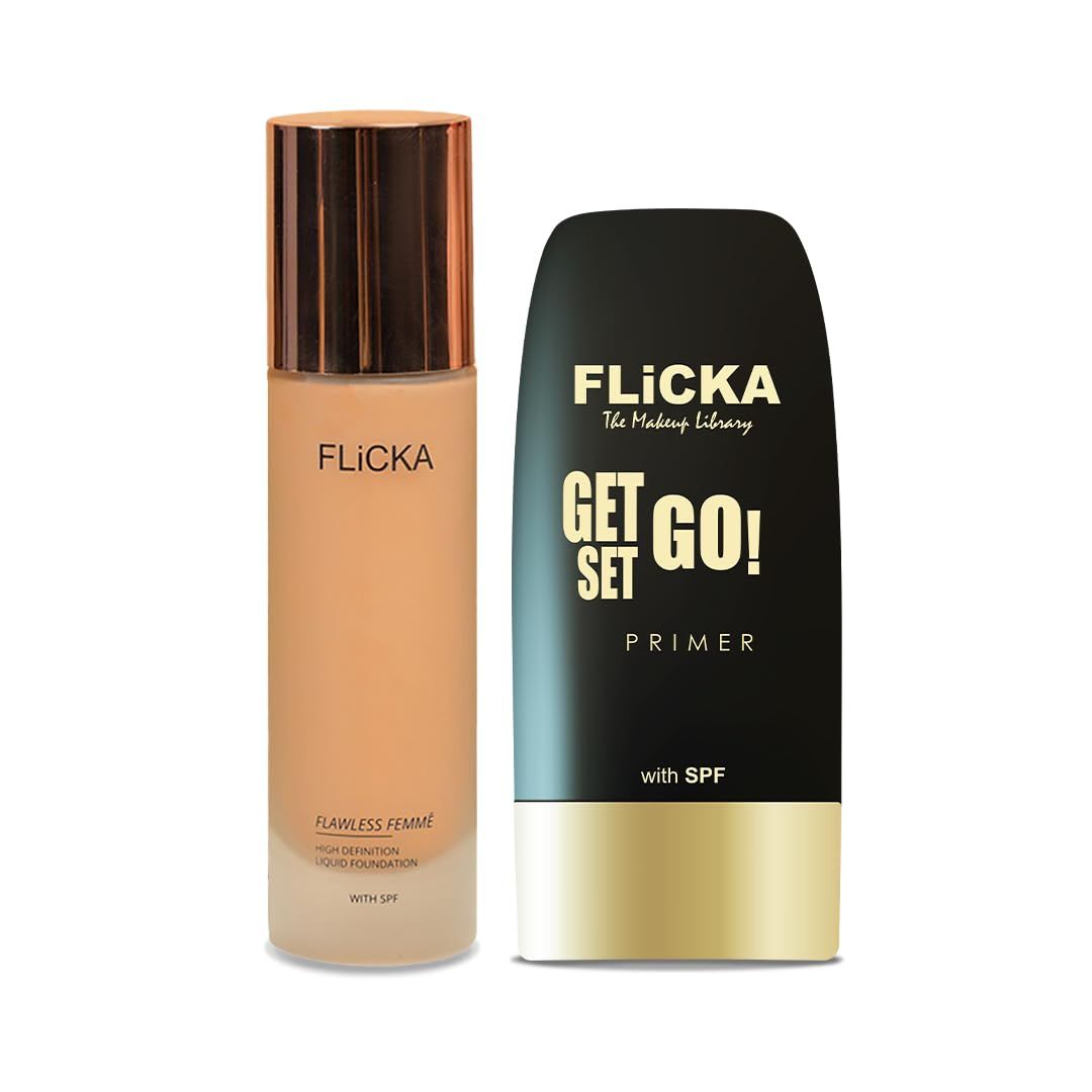 FLiCKA Primer & Flawless Femme Liquid Foundation for Face Makeup Combo 30ml each | 05 Beige