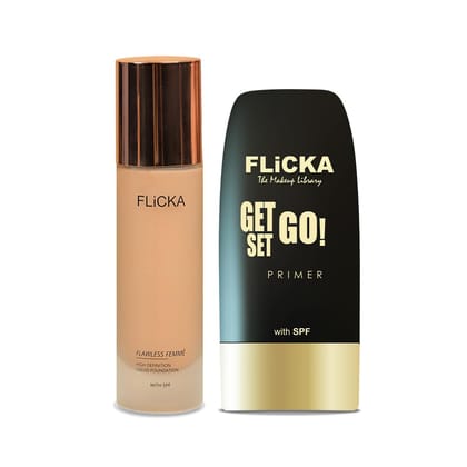 FLiCKA Primer & Flawless Femme Liquid Foundation for Face Makeup Combo 30ml each | 02 Ivory