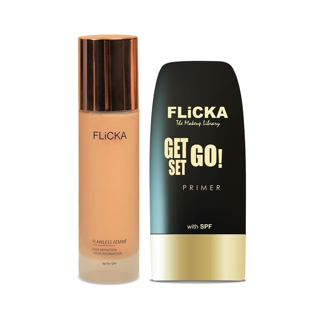 FLiCKA Primer & Flawless Femme Liquid Foundation for Face Makeup Combo 30ml each | 08 Coffee