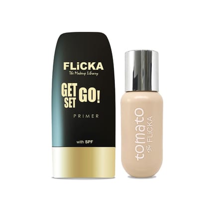 Flicka Primer & Tomato Liquid Foundation For Face Makeup Combo | 02 Beige