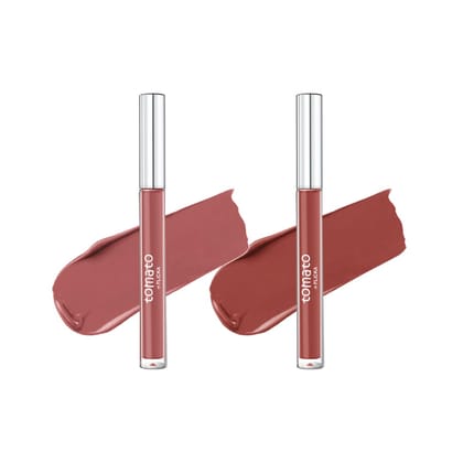 FLiCKA Tomato Liquid Matte Lipstick Transfer Proof, Smudge Proof, Non-Sticky, Creamy Lightweight, Shade 1 & Shade 2 Combo|Light Brown & Nude