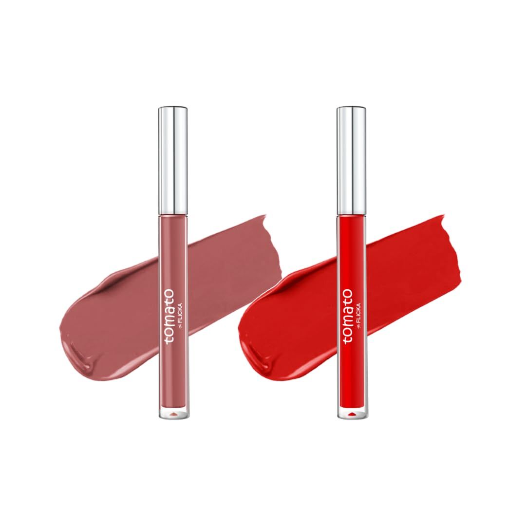 FLiCKA Tomato Liquid Matte Lipstick Transfer Proof, Smudge Proof, Non-Sticky, Creamy Lightweight, Shade 1 & Shade 6 Combo|Light Brown & Bright Red