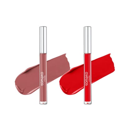 FLiCKA Tomato Liquid Matte Lipstick Transfer Proof, Smudge Proof, Non-Sticky, Creamy Lightweight, Shade 1 & Shade 9 Combo|Light Brown & Red