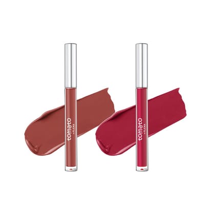 FLiCKA Tomato Liquid Matte Lipstick Transfer Proof, Smudge Proof, Non-Sticky, Creamy Lightweight Shade 2 & Shade 4 Combo|Nude & Dark Pink