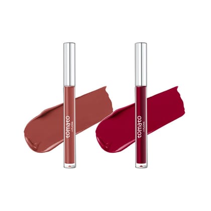 FLiCKA Tomato Liquid Matte Lipstick Transfer Proof, Smudge Proof, Non-Sticky, Creamy Lightweight Shade 2 & Shade 5 Combo|Nude & Maroon