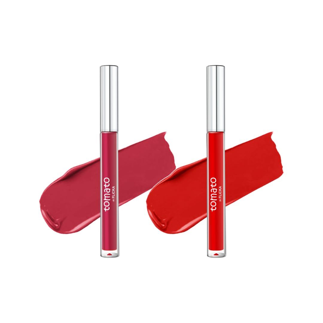 FLiCKA Tomato Liquid Matte Lipstick Transfer Proof, Smudge Proof, Non-Sticky, Creamy Lightweight Shade 3 & Shade 6 Combo|Magenta & Bright Red