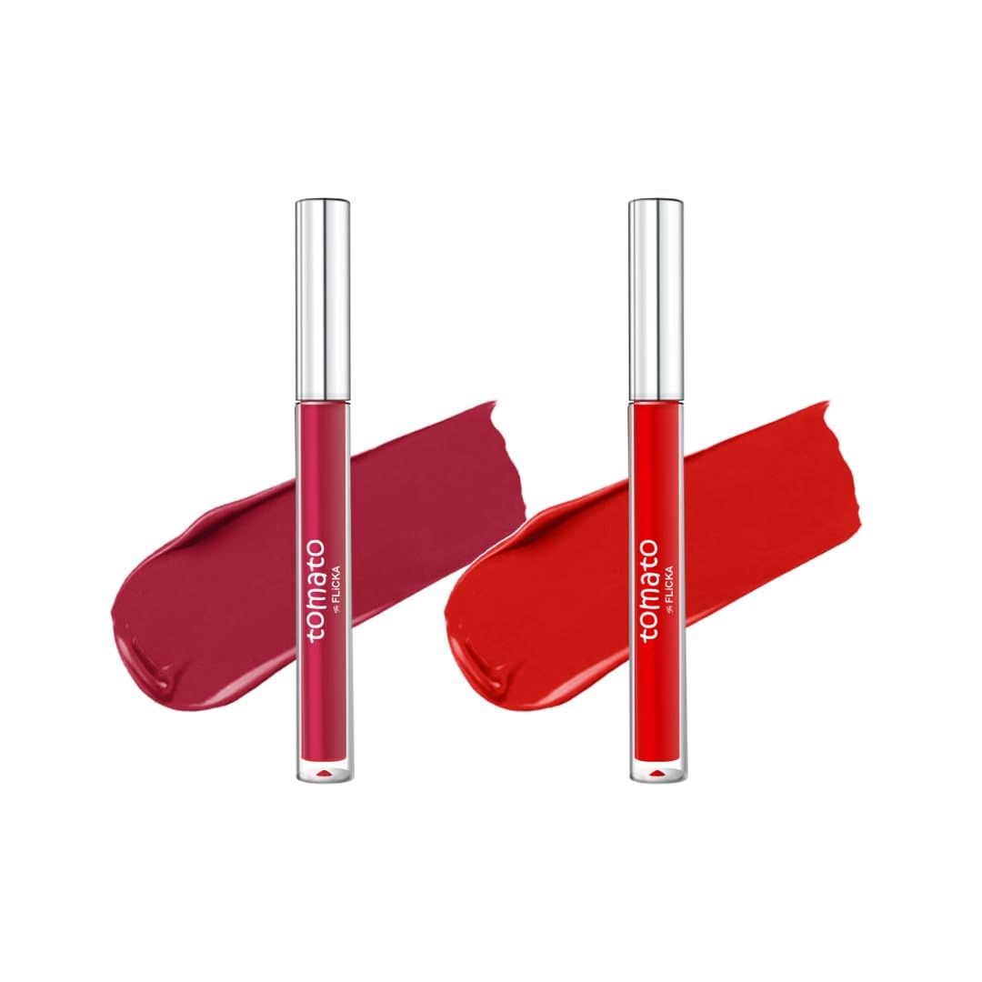 FLiCKA Tomato Liquid Matte Lipstick Transfer Proof, Smudge Proof, Non-Sticky, Creamy Lightweight Shade 4 & Shade 6 Combo|Dark Pink & Bright Red