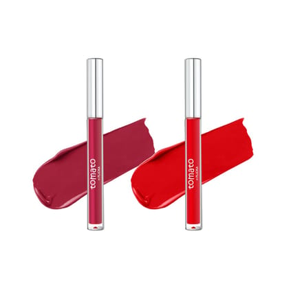 FLiCKA Tomato Liquid Matte Lipstick Transfer Proof, Smudge Proof, Non-Sticky, Creamy Lightweight Shade 4 & Shade 9 Combo|Dark Pink & Red