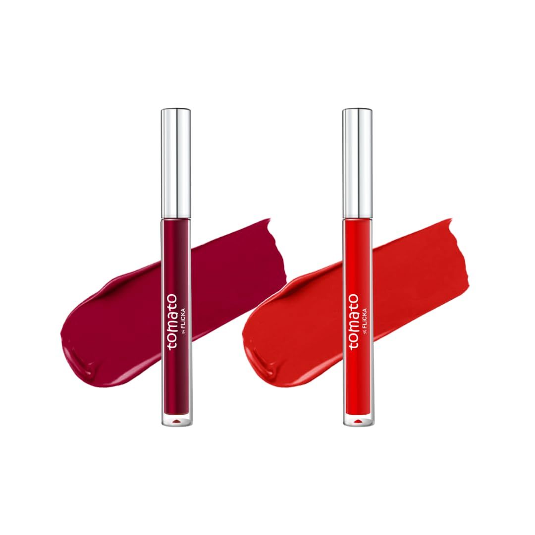 FLiCKA Tomato Liquid Matte Lipstick Transfer Proof, Smudge Proof, Non-Sticky, Creamy Lightweight Shade 5 & Shade 6 Combo|Maroon & Bright Red