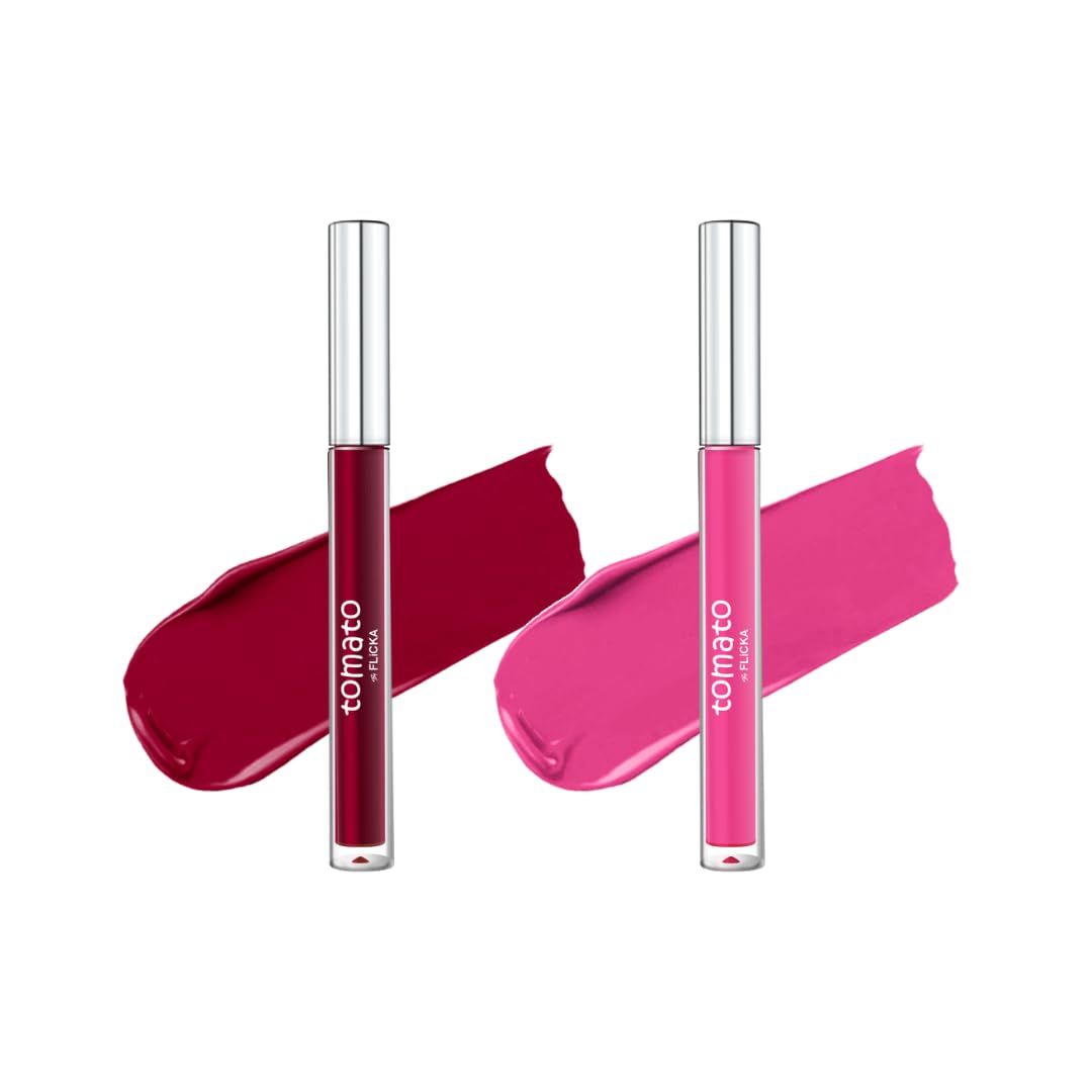 FLiCKA Tomato Liquid Matte Lipstick Transfer Proof, Smudge Proof, Non-Sticky, Creamy Lightweight Shade 5 & Shade 8 Combo|Maroon & Pink